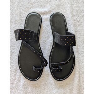 Black Strappy Flat Sandals Gold Dot Toe Loop Minimalist Sz EU 41 US 10